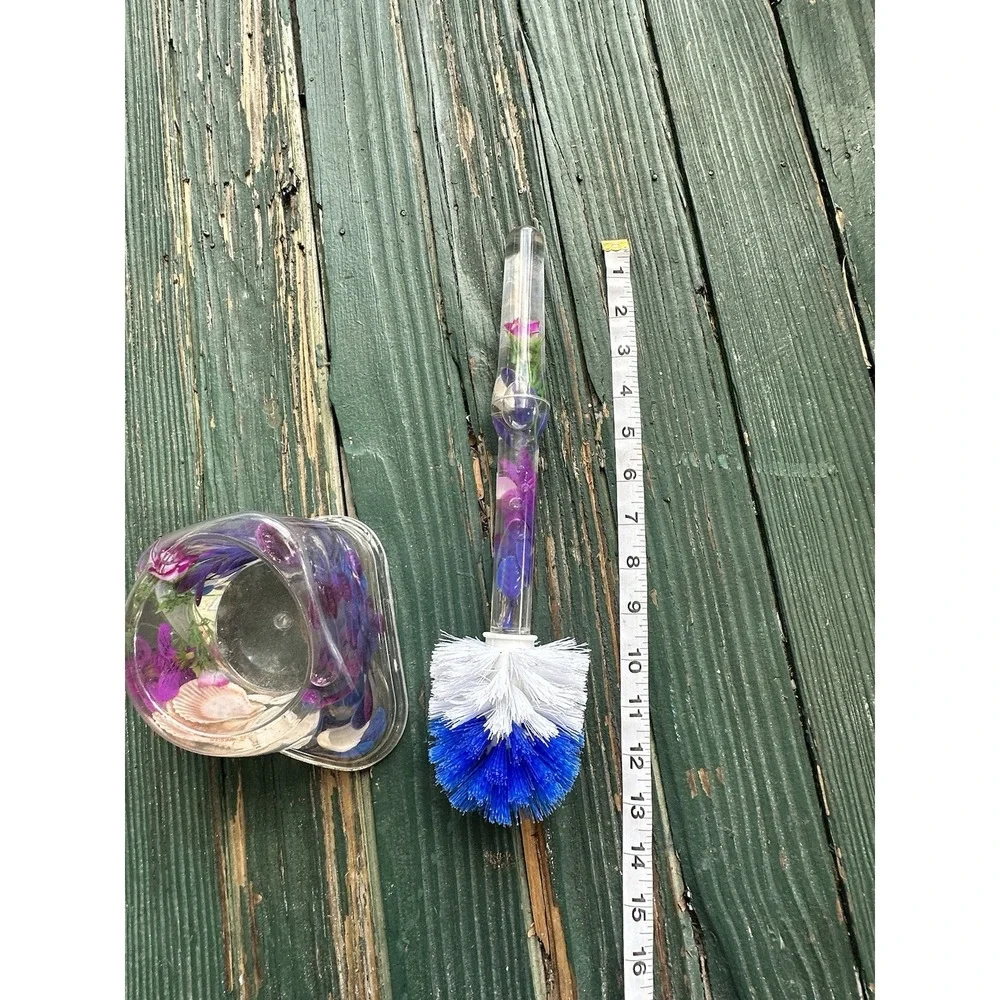 Toilet Brush and Holder Acrylic with Nature Seashell And Flowers Vintage